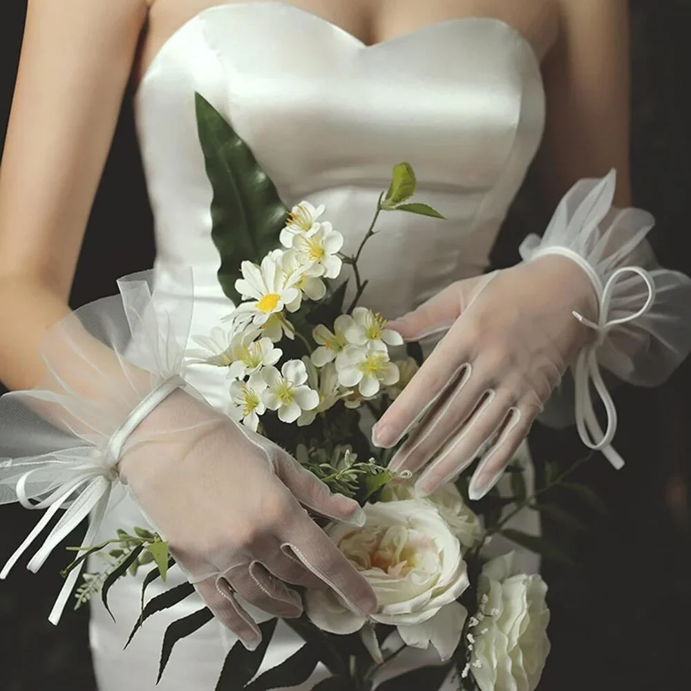 Women's Tulle Long Keeper Bow Lace Gloves White Opera Bridal Wedding Party Tea